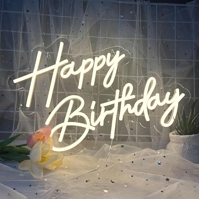 Happy Birthday Neon Sign for Wall Decor, 17×12 Inch Warm White LED Neon Light Signs, Art Decoration Happy Birthday Neon Light Sign for All Birthday Party Decoration with 2 Pcs Pasters