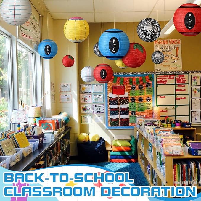 12 Pcs Back to School Classroom Paper Lanterns 10 Inch Classroom Hanging Decoration Composition Notebook Pencil Crayon Apple Lanterns Ceilings for First Day of School Party Supplies