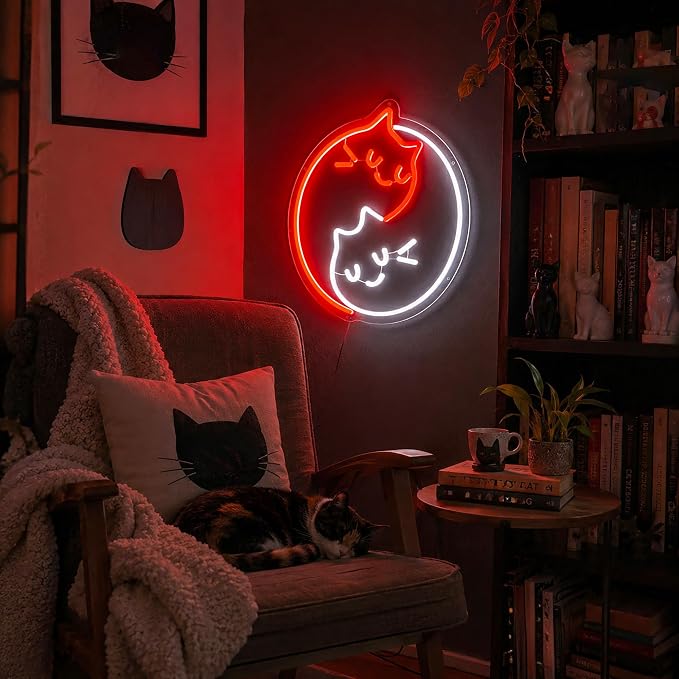 Neon Sign, Cat Neon Signs for Wall Decor LED Signs Neon Light | Yin Yang Cat Neon Sign for Bedroom, Kids Room, Gaming Room, Living Room, Party, Bar, Home Decor, Boys Gift, USB Powered