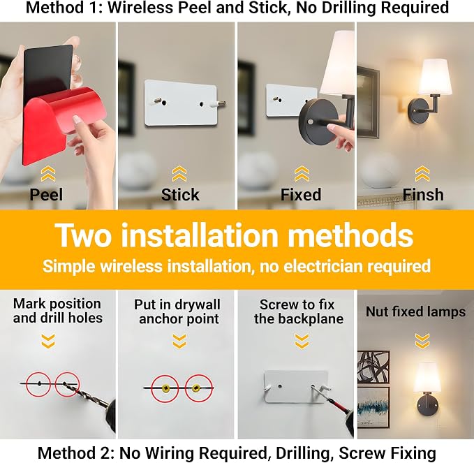 Vimhou Peel and Stick Wall Sconces, Stick On Wall Sconce Set of 2, Battery Operated Wireless Wall Light, No Drill Adhesive Wall Lamp, Corn Bulb with 10000mAh Rechargeable Battery, Bedroom Wall Decor