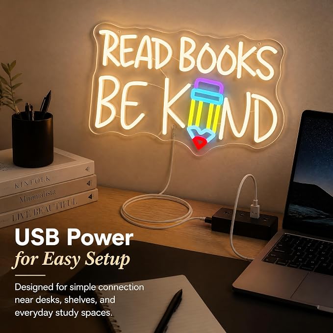 "Read Books Be Kind" Classroom LED Neon Sign | 16.5" x 10.4", Pencil Wall Decor, Inspirational Quote Light, Library Classroom Study Room Home Office