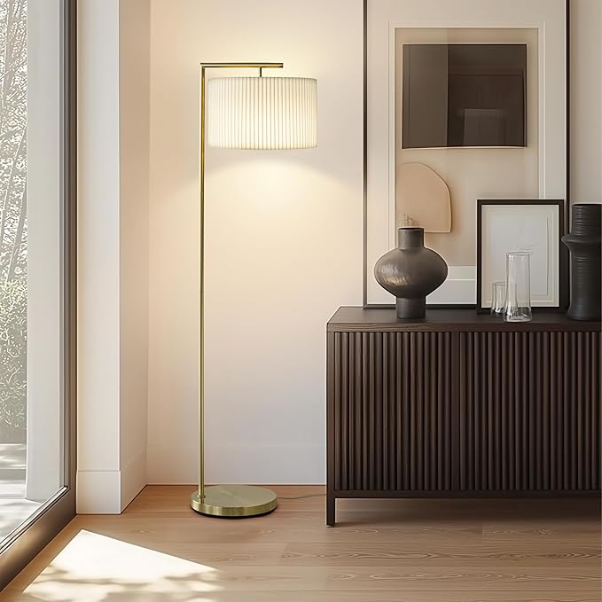 Brightech Montage Modern Floor Lamp - LED Standing Lamp with Tan Shade for Living Rooms & Offices - Bedroom Reading Light - Tall Corner Pole Lamp for Contemporary Home Decor - Antique Brass