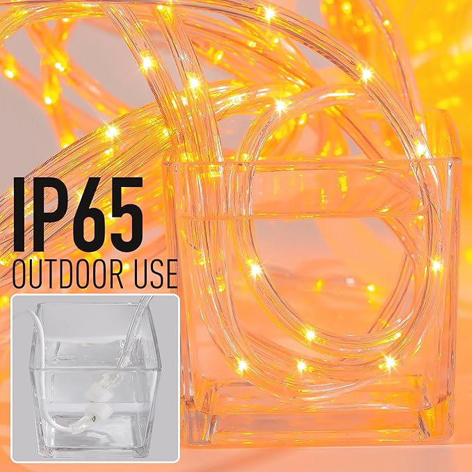 Waterproof LED Rope Lights, Connectable & Flexible with 8 Modes, Outdoor Lighting for Deck, Garden, Pool, Patio & Christmas Decor (Orange, 50ft)