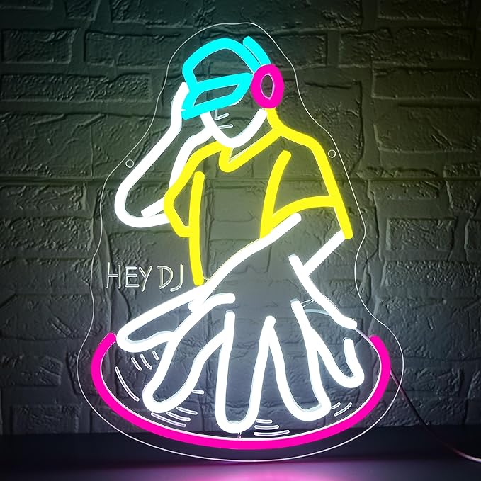 DJ Player Neon Sign for Wall Decor Dimmable DJ Neon Light for Man Cave Record Player Birthday Gifts for Lovers LED Rock Music Sign for Music Room Studio Bedroom Bar 14.5 * 10.9In (WZCP223)