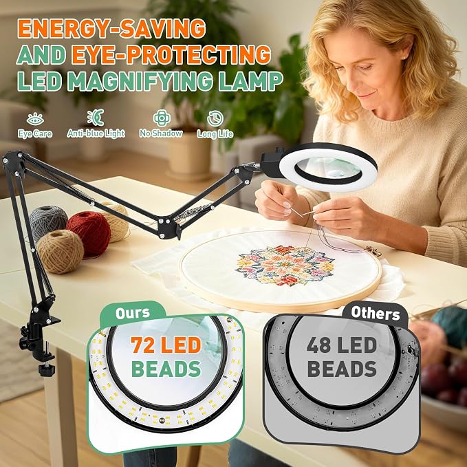 Magnifying Glass with Light, Overhead Knob Magnifier Lamp 12X 30X | 35in Adjustable Arm For Craft Repair Sewing Workbench Close Work, LED Magnifying Light Real Glass Stepless Dimming and Color