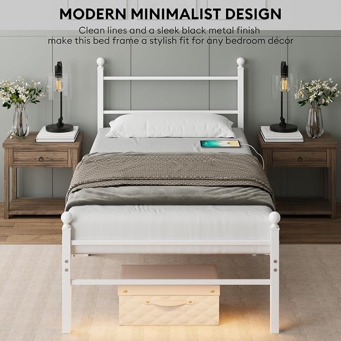 Twin Size Bed Frame with Headboard - Metal Platform Bed with LED Lights, Charging Station, Under Bed Storage and Heavy Duty Steel Slats Support - No Box Spring Needed, Easy Assembly, White