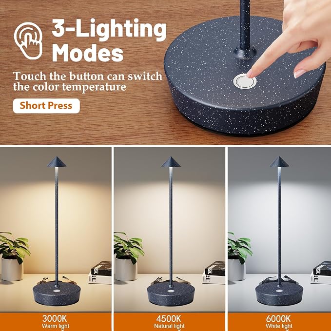 2Pack Rechargeable Cordless Table Lamp, Portable Powered LED Battery 6000mAh Metal USB Desk Lamp, 3 Levels Brightness Light for Restaurants Outdoor (2pack Blue White)