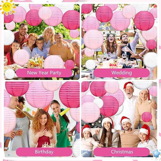 16 Pcs Paper Lanterns Hanging Round Pink Paper Lantern Decorative 6" 8” 10”12" Four Colors Chinese Lanterns for Birthday Wedding Party Decoration Baby Showers Valentine Indoor Outdoor
