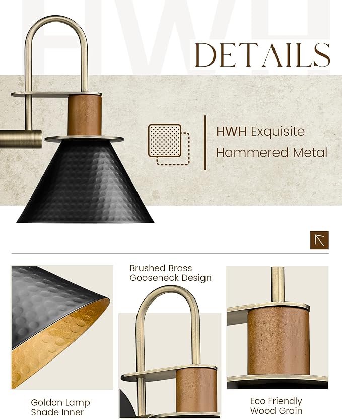 Modern Wall Sconces Set of Two, HWH Industrial Sconce Wall Lighting 1-Light, Brass Barn Wall Vanity Light for Bedroom Kitchen, Hammered Metal Shade, Black and Gold Finish, 5HZG74B-2L BK+BG