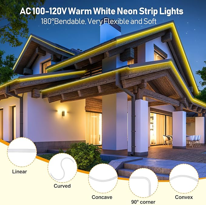 FORT LED Neon Rope Lights Warmwhite 100FT 30M Flexible AC 110V 120V LED Strip Lights Outdoor Waterproof Plug-Play Strip Lighting Dot Free Connectable Home Commercial Decor Neon Sign ETL FCC
