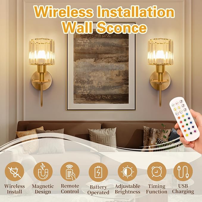 Battery Operated Wall Sconces Set of 2, Gold Crystal Wall Lights | 5200mAh rechargeable wall lights with magnetic bulbs, remote control, 15 colors, 10-level dimming and timer for bedrooms