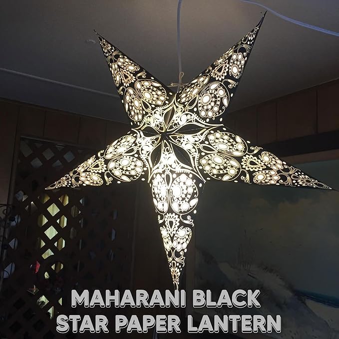 GalaxyArts Paper Star Lantern, 24 Inch Maharani Black 3D Light-Up 5-Point Hanging Lamp, Handcrafted Hollow Out Decoration for Christmas, Weddings, Birthday, Parties, Indoor Outdoor Holiday Home Décor