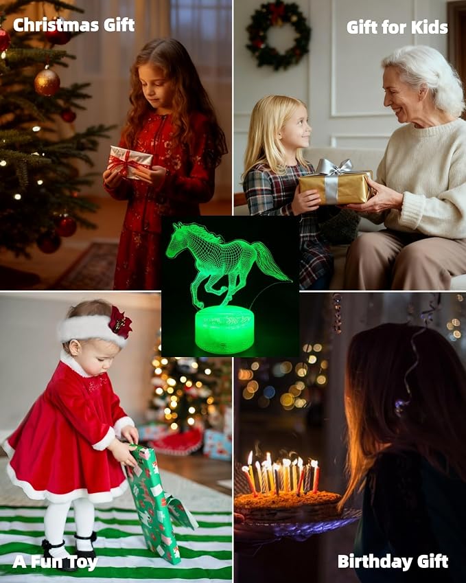 Horse 3D Illusion Night Light, 2 Patterns, Girl Gift Lamp | 16 Colors Changing, Dimmable, Touch & Remote Control, Room Bedroom Decor, Birthday Christmas Toy Stuff for Kid Teenage