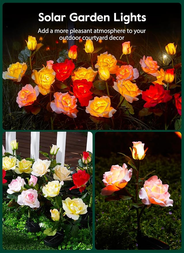 Brightown Solar Garden Lights, 4 Pack LED Rose Flower Lights Waterproof | Larger & Realistic Rose, Bigger Solar Panel, Waterproof Solar Lights Outdoor for Yard Garden Lawn Pathway Decorations