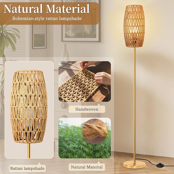 Ruiever Floor Lamp for Living Room,Farmhouse Floor lamp,Modern Standing lamp with Hand-Worked Rattan Shade (Drum Rattan Shade Body Gold Color-3 Color Bulb)