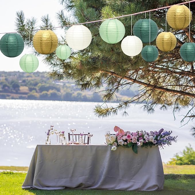 21Pcs Hanging Paper Lanterns, 4/6/8/10 Inch Sage Green and Gold Paper Lanterns Decorative, Hanging Lanterns for Wedding Birthday Baby Shower