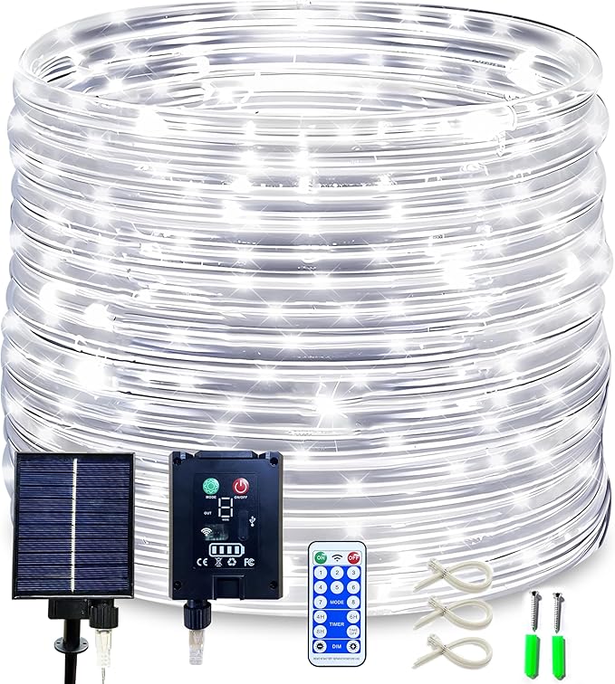 Solar Rope Lights, 50 Feet 500 LED 8 Modes Solar Rope String Lights Outdoor Fairy Lights Waterproof Tube Lights with Solar Panel for Outdoor Indoor Home (500LED, Cool White)