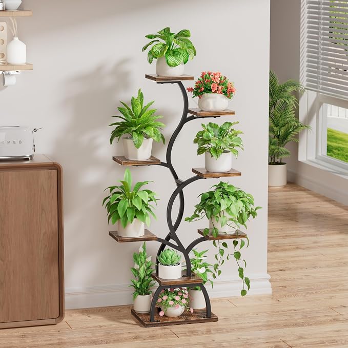 Plant Stand Indoor with Grow Light - 8 Tiered Corner Plant Shelf Indoor | 49" Plant Holder with Lights for Indoor Growing, Tall Lighted Flower Stand for Living Room, Balcony, Brown