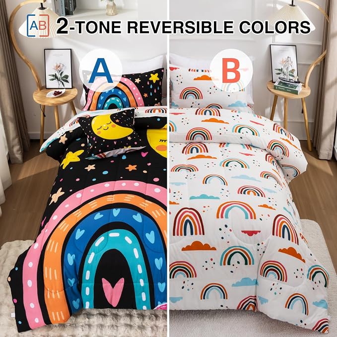 A Nice Night Lightweight Soft Cartoon Rainbow 6Pcs Queen Comforter Sets, Love Hearts Printed Bedding Set for Boys Girls(Black,Queen)