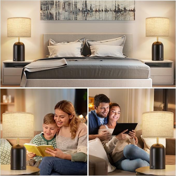 Bedside Lamps with USB C+A Charging Ports, Table Lamp Touch Control Dimmable Modern Lamp for Bedroom Lamps for Night Stands with Fabric Shade for Living Room Office Dorm (LED Bulbs Included)