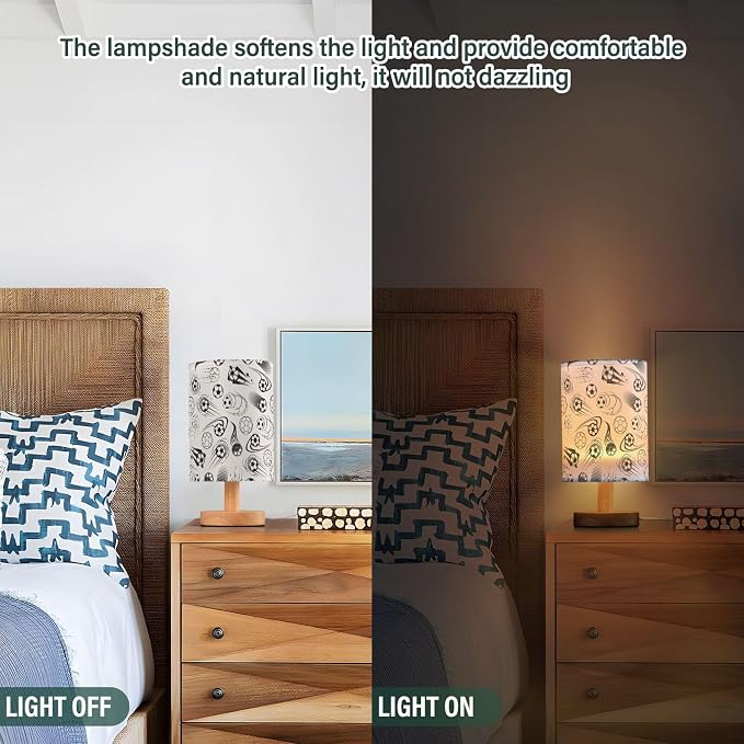 Table Lamp Black and White Soccer Ball Sport Theme American Football Pattern Nightstand Lamp with Wood Base Fabric Lamp Shade Bedside Desk Lamp for Living Room Bedroom Kids Room Office