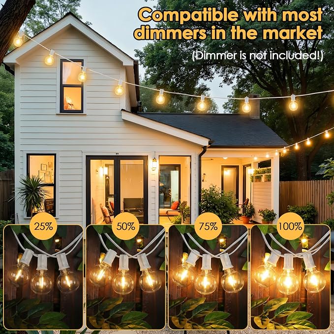 2 Pack 25FT G40 LED Outdoor String Lights with 10+1 Bulbs, White | Waterproof, Shatterproof, Dimmable, Connectable, Energy-saving, Patio Lights Porch Balcony Backyard Party Classroom Decor