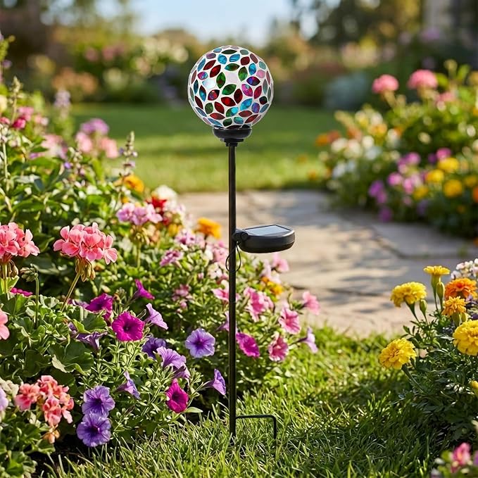 VCUTEKA Decorative Solar Garden Lights, 3.5" Mosaic Globe Outdoor Stake | Mosaic Glass Globe Design, Solar LED Light, Waterproof Design, Auto On/Off and Metal Stake Design for Lawn and Patio