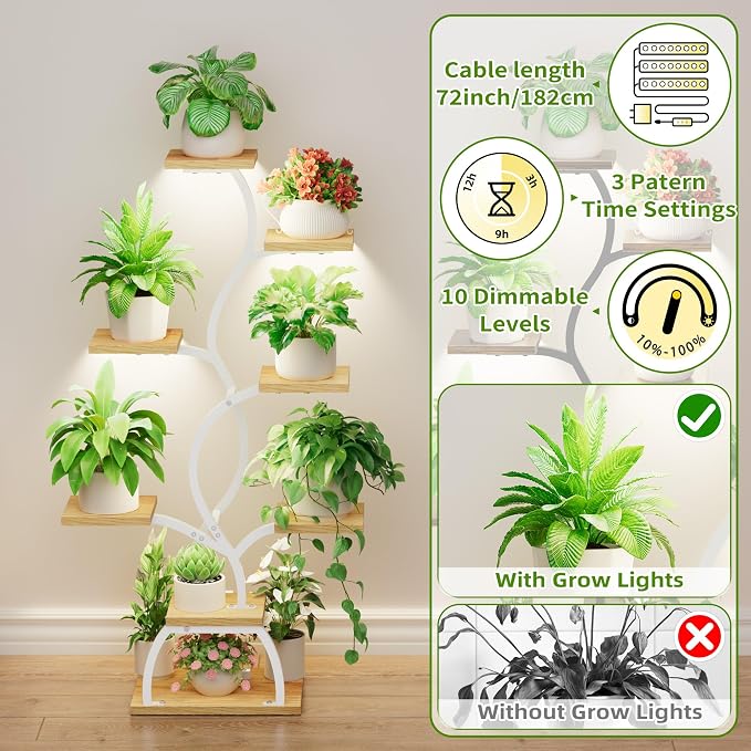 Plant Stand Indoor with Grow Light - 8 Tiered Corner Plant Shelf Indoor | 49" Plant Holder with Lights for Indoor Growing, Tall Lighted Flower Stand for Living Room, Balcony, White