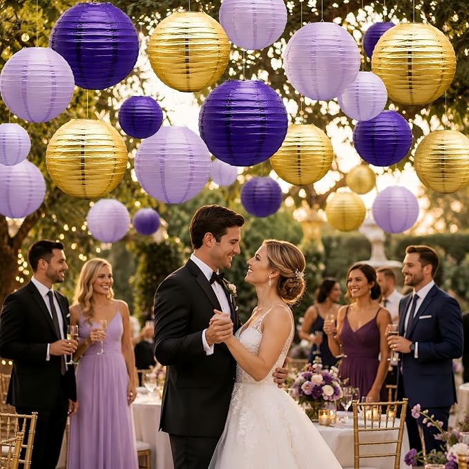 21-Pack Purple Gold Hanging Paper Lanterns Decorative | Round Lavender Lanterns Party Supplies for Graduation, Wedding, Bachelorette Event, Birthday & Baby Shower