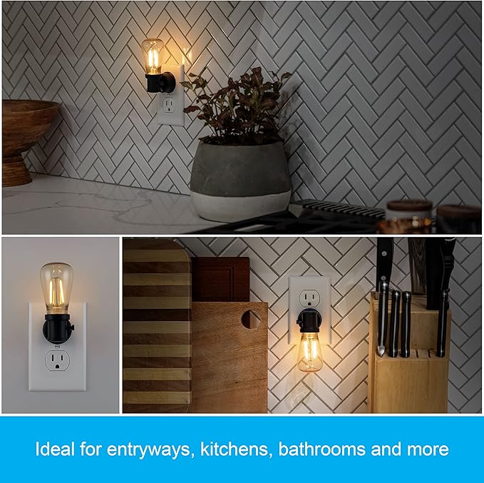 GE Vintage LED Edison Night Light, Plug-in, Dusk to Dawn Sensor, Farmhouse Decor, Mood Lighting, Home Decor, Ambient Lighting, LED Lights for Bedroom, Bathroom, Kitchen, Hallway, Black, 1 Pack, 64346