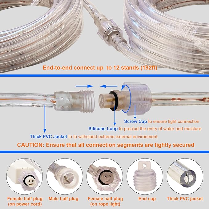 Rope Lights, 16Ft Waterproof Connectable Strip Lighting, 3000K Warm White, Indoor Outdoor Mood Lighting for Home Christmas Holiday Garden Patio Party Decoration