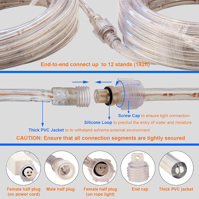 16ft Nature White Rope Light ETL Waterproof | Connectable up to 12 strips. 50,000hr lifespan. Indoor/outdoor mood lighting. Home, patio, party, Christmas decor.