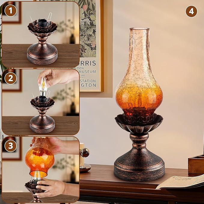Vintage Table Lamp with Red Amber Gradient Crackle Glass Shade,Touch Control & 3-Way Dimmable Rustic Retro Farmhouse Bedside Lamp for Bedroom, Living Room, Cabin, Office (LED Candle Bulb Included)
