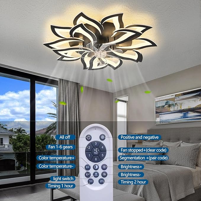 35" Black Modern Ceiling Fan with Lights Remote Control, 6 Speeds 3 Light Color Low Profile Flush Mount Ceiling Fan with Light for Kitchen Bedroom