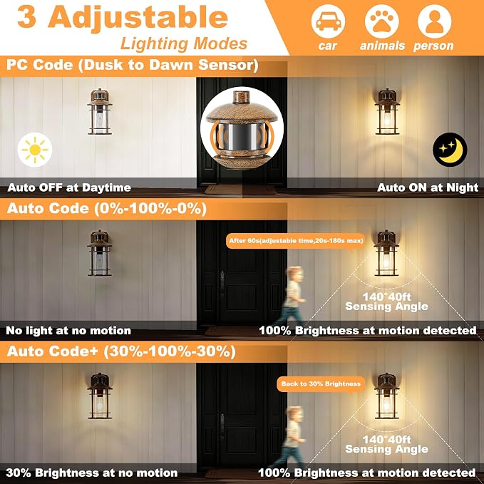 Upgraded Porch Lights with GFCI Outlet-Motion Sensor & Dusk to Dawn Outdoor Light Fixture,3 Lighting Modes Waterproof Anti-Rust Faux Wood Grain Outdoor Lights for House Porch Garage (2 Pack