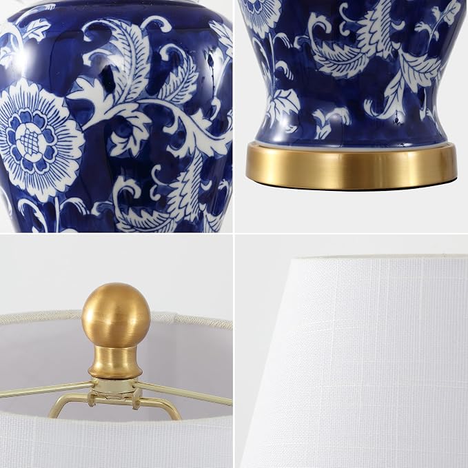 JONATHAN Y Penelope Ginger Jar 22" LED Table Lamp, Navy/White | Chinoiserie, Ceramic Metal Construction, French Country Traditional, Linen Empire Shade, Brass Gold, LED Bulb Included