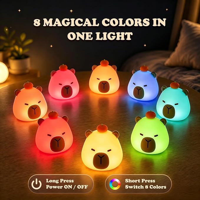 UNEEDE 3 Pack Mini Animal Night Light Set, Mini Capybara, Frog & Duck Lamp | 8 Color Changing Rechargeable Night Light for Kids,with Lanyards Silicone Squishy Kawaii Room Decor, Gifts