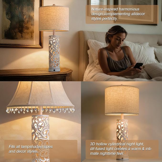 2-in-1 Light Table Lamp Set of 2 for Living Room, 28.5" Farmhouse Bedside Lamps with USB Charging Port, Main&Night Light & Dual Switches, Nightstand Lamp for Bedroom Home Office(Bulb Included)