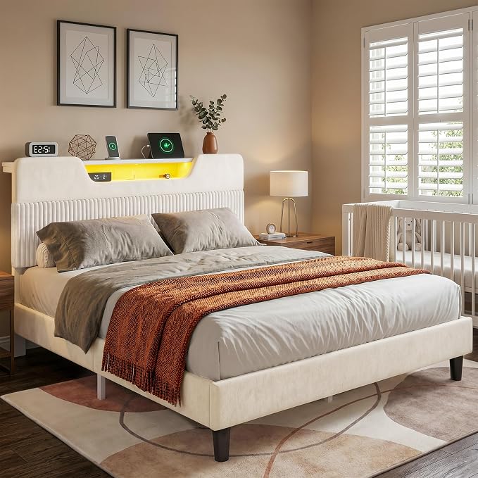 Homkdom Queen Bed Frame with Charging Station & Storage Headboard,White | 1USB-C & 2USB-A Charging, RGB LED Lights,7.78" Under-bed Storage,Velvet Upholstered Headboard,No Box Spring,Easy Assembly.