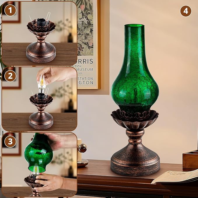 Vintage Table Lamp with Green Crackle Glass Shade,Touch Control & 3-Way Dimmable Rustic Retro Farmhouse Bedside Lamp for Bedroom, Living Room, Cabin, Office (2700K LED Candle Bulb Included)