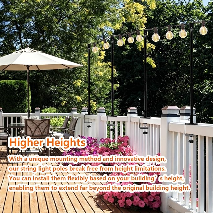 Patio Light Poles for String Lights, 4FT 8 Pack Deck Poles for String Lights with Fence-Friendly Clamps, String Light Poles for Deck Railing Clamp Mount, Metal Hanging Posts for Backyard Garden Bistro
