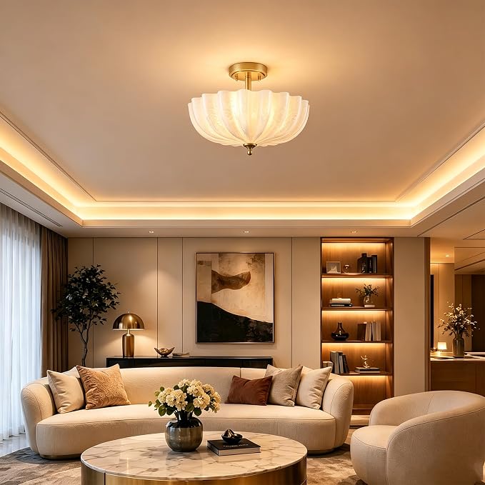 Modern Gold Milky Crackle Glass Semi Flush Mount Ceiling Light | Flower Scalloped Shade 3-Light Brushed Brass Ceiling Light for Bedroom Entryway Living Room