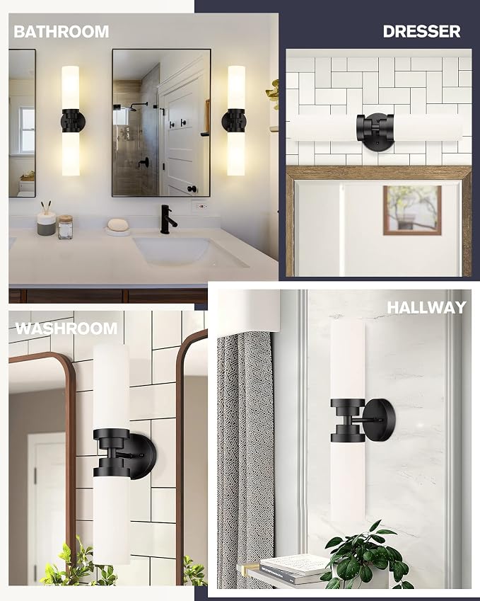 Emak 2 Light Black Vanity Lights for Bathroom, 22 Inch Bathroom Light Fixtures Modern Wall Sconces with Milk Glass Shade for Bathroom, Bedroom, Hallway, VL085-BK-ML-2