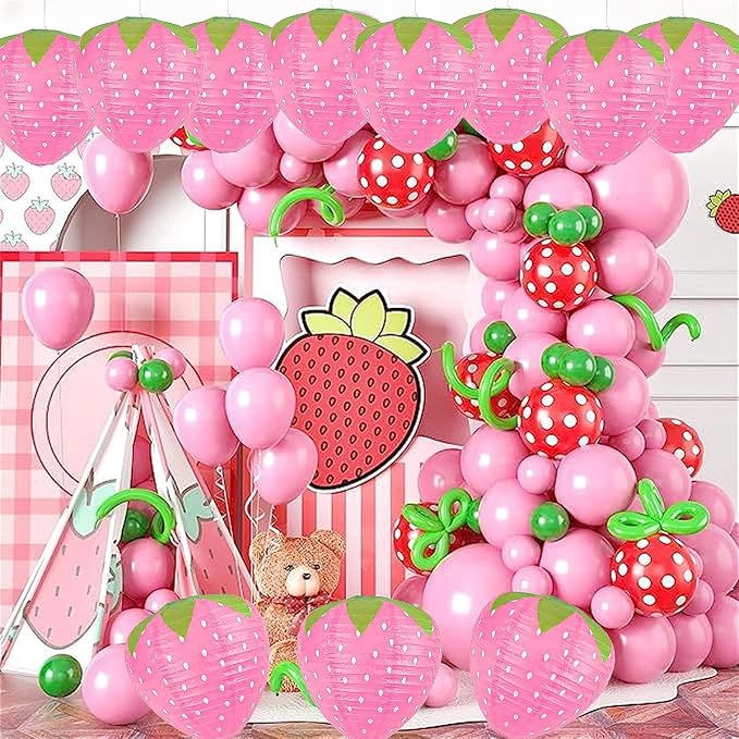 8PCS Strawberry Paper Lanterns, Strawberry Hanging Paper Lantern Decorations Strawberry Decoration Hanging for Room Birthday Party Wedding Garden Decor - 8 Inch Pink