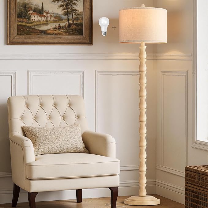 63.5" Rustic Floor Lamp for Living Room, Farmhouse Floor Lamp with Rotary Switch & Linen Shade, Vintage Resin Tall Standing Lamp for Bedroom Corner Office Home Decor, Cream (LED Bulb Included)