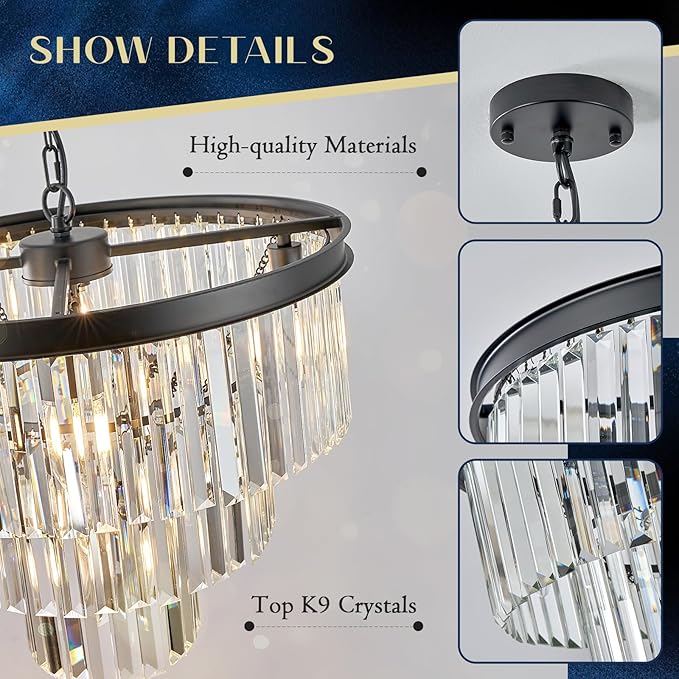 Crystal Chandeliers Black Modern Round 20" Chandelier 7 Lights 3-Tier Ceiling Pendant Light Fixture Luxury K9 Crystal Lighting for Living Room Dining Room Bedroom Kitchen Foyer