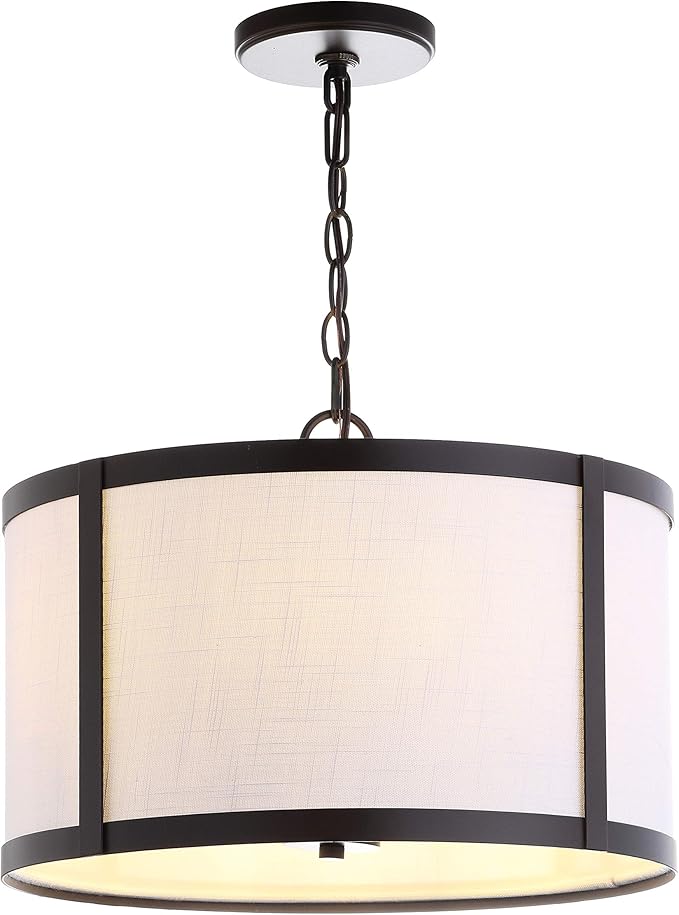 JONATHAN Y 17" Oil Rubbed Bronze Metal LED Pendant Light for Kitchen Island, White Linen Drum Shade, Transitional Ceiling Hanging Fixture for Dining Room, 4 Bulbs Included JYL3510A