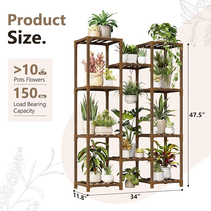 Plant Stand with Grow Light - Large Plant Stand Indoor for Multiple Pots, 10 Tiered Plant Shelf Wood Plants Holder Rack for Living Room, Patio, Garden, Corner, Home Decor