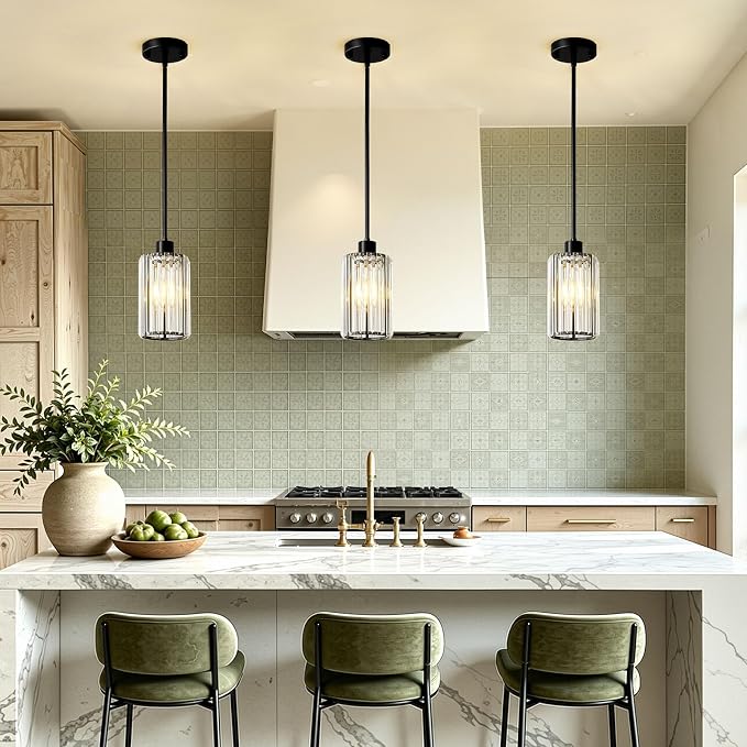 5.1" Mini Modern Matte Black Crystal Kitchen Island Pendant Light | Small Crystal Glass Shade, Sparkling Crystal Reflections, Customizable Hanging Height, Fits Most Ceilings, Matte Black Finish