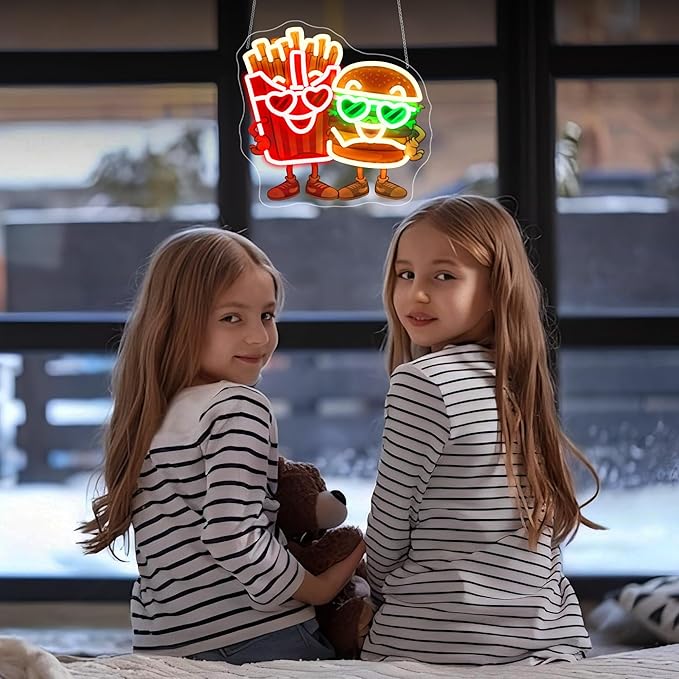 Burgers Neon sign - JGHTURIE Hamburger and French Fries Neon Signs for Wall Decor LED Light up UV Printed Preparatory Home Restaurant Club Decoration USB Powered